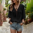 thumbnail image 5 of Elwylmiz Women's 3/4 Sleeve Tops Lace Up V Neck Blouses Boho Ruffled Trim Loose Fit Casual Shirts Summer Fall Outfits, 5 of 7