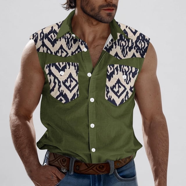 Camiseta sin mangas con cuello vuelto para hombre, estilo informal, con estampado del Día de la Independencia, cuello vuelto, sin mangas, bolsillos, deportiva, de poliéster