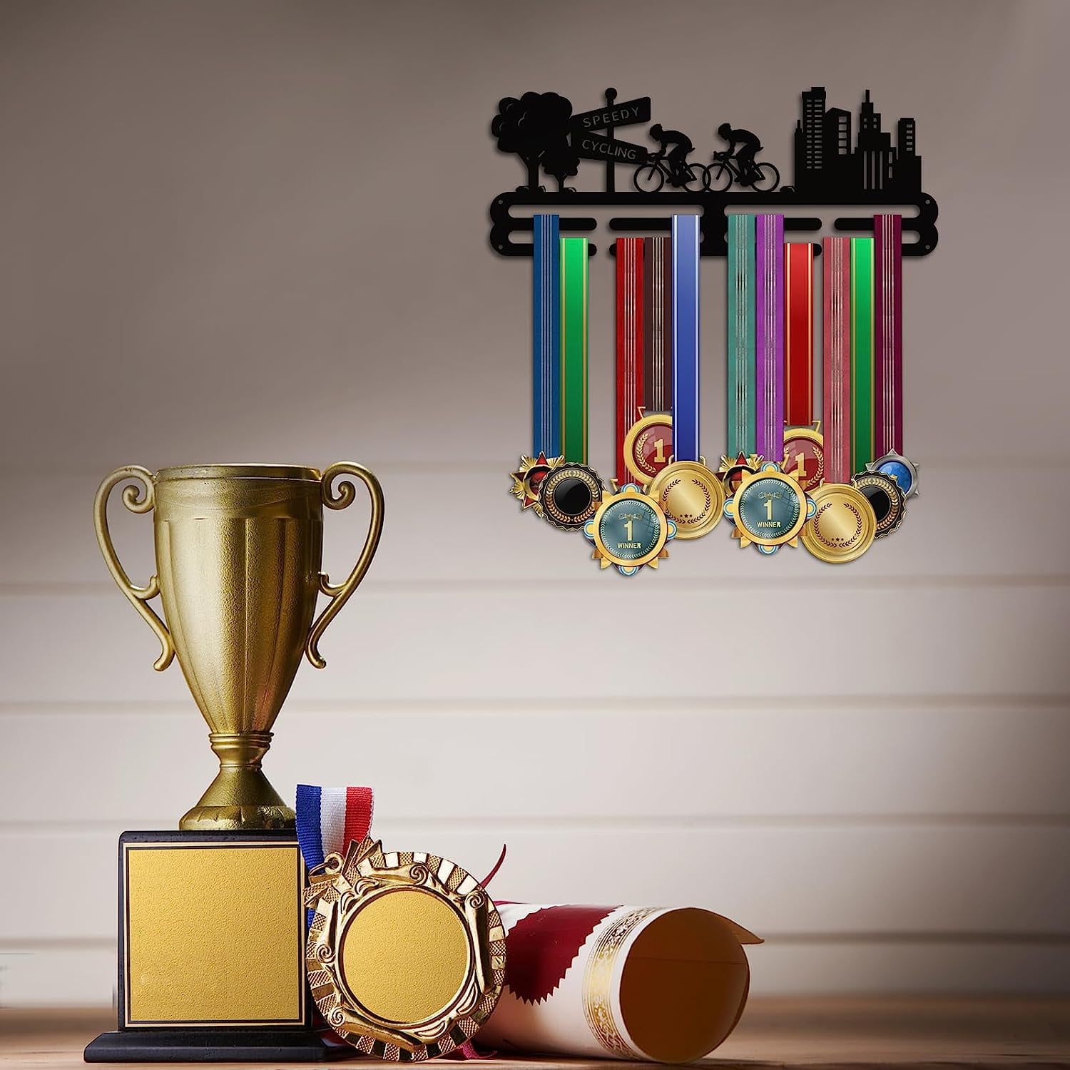 Cycling Medal Hanger Display Competition Medal Holder 3 Lines Sport Award Rack Wall Mount Iron Frame for Over 50 Medals Necklace Jewelry 40x15cm/15.7x5.9inch DIY