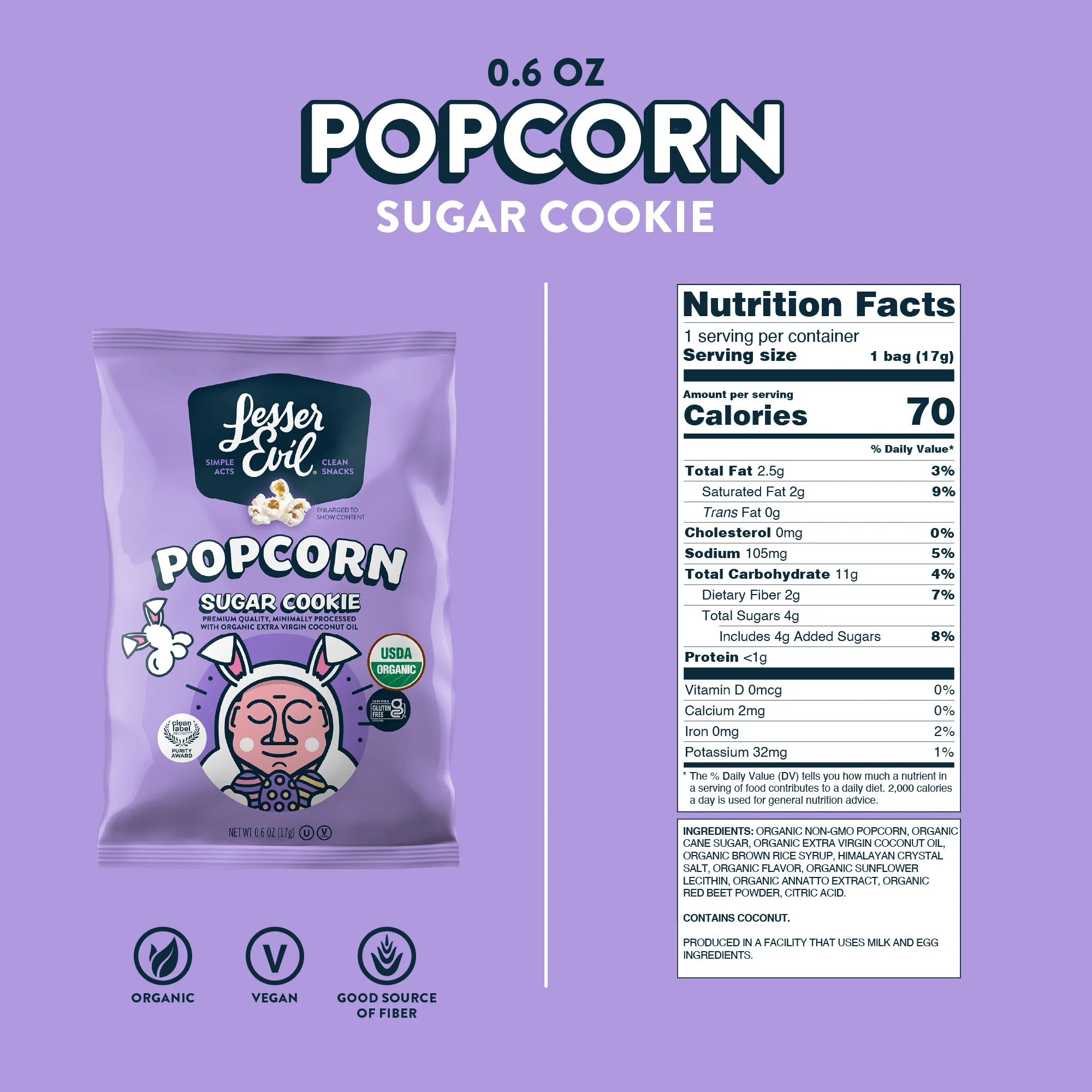 LesserEvil Organic Popcorn Sugar Cookie Easter Flavor Snack Sized Bags - 0.6 oz (Pack of 6) With Organic Extra Virgin Coconut Oil | Packaging May Vary