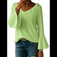 thumbnail image 1 of Blusa de Mujer con Volantes, Mangas 3/4, Cuello en V, Informal, para Negocios, y Verano Verde L, 1 of 6