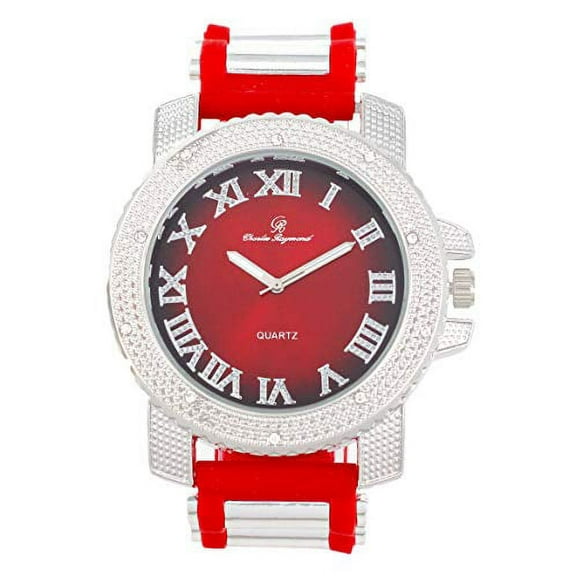 Charles Raymond Iced Out Oversized Hip Hop Bullet Rubber Band Mens Wristwatch, That Shows Your Blinged Out Lust for Life - GJM (GJM - Red - Silver)