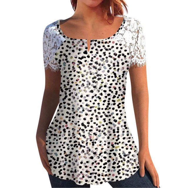 Mujeres Tops Casual verano encaje manga corta Split cuello túnica impresa camisetas camisetas Tops OAVQHLG3B Store lin121212