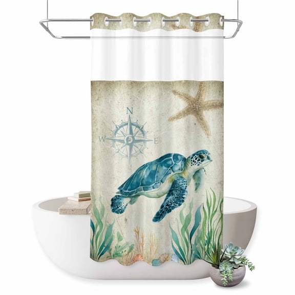 No Hook Shower Curtain with Built-in Rings - Beach Coastal Theme Washable Waterproof Fabric Bathroom Curtains for Hotel,Rentals, Stall 36 X 72 Inch , Vintage Sea Turtle