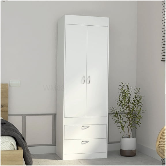 70 Inch Tall White Armoire, 2-Door Wardrobe with Drawers and Metal Handles for Bedroom