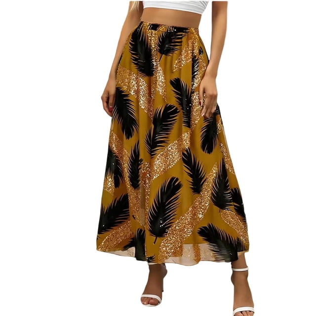 Floleo Jupe Midi Imprimée Fluide pour Femmes, Décontractée, Confortable, en Chiffon, Ample, Polyvalente, Printemps Été, Fête, Mode Quotidienne, Week-End, Vacances, Activités Extérieures, jogging (Jaune, 2TG)