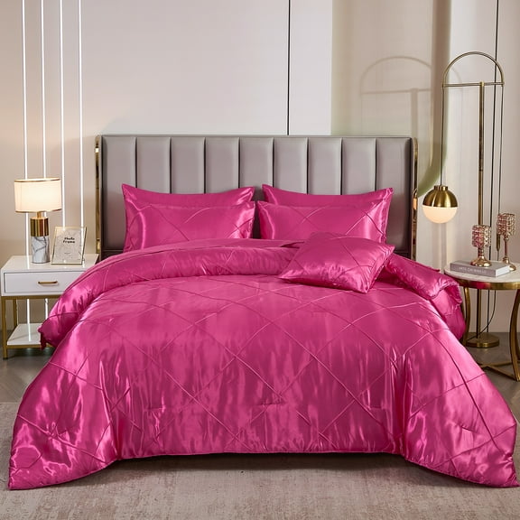 Pleat Satin Bed Sheets Queen/King Comforter Set,Luxury Satin Comforter Set with Sheets,8 Pcs Geometric Pleat Satin Bed Set,Silky Luxury Bedding with 1 Satin Comforter 4 Pillowcases 1 Flat Sheet 1 Fit