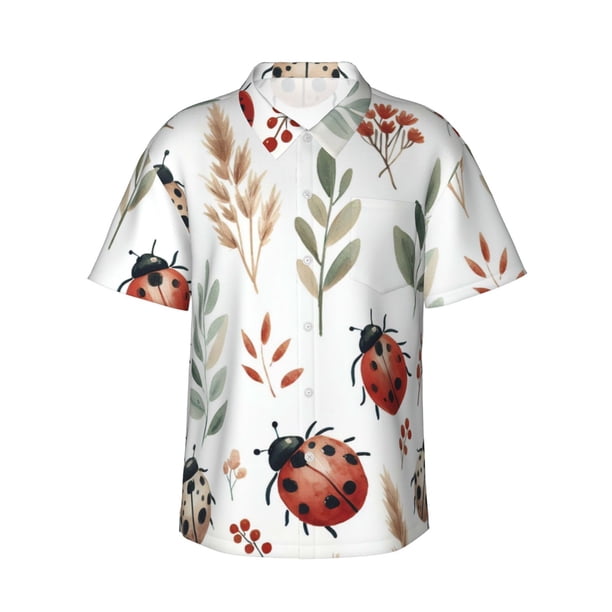 Balery Watercolor Ladybug Camisas hawaianas de manga corta para hombre, camisas playeras de corte holgado, camisas de vacaciones con botones,Large
