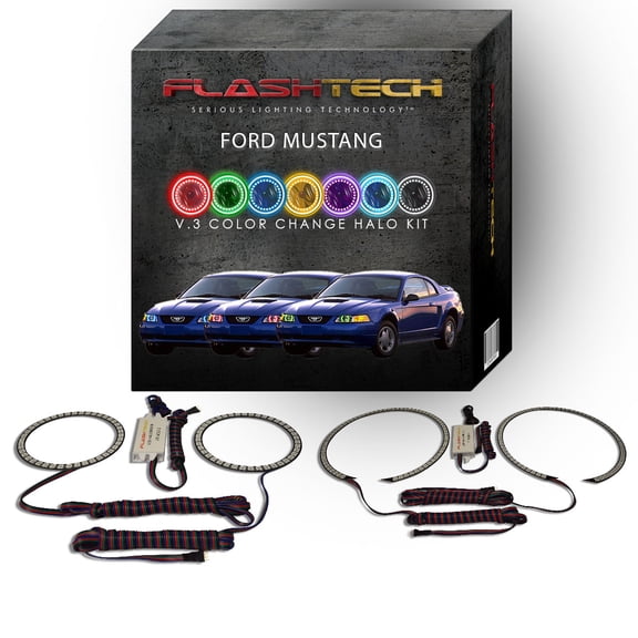 Flashtech RGB Multi Color Changing LED Halo Ring kit for 1999-2004 Ford Mustang Headlights