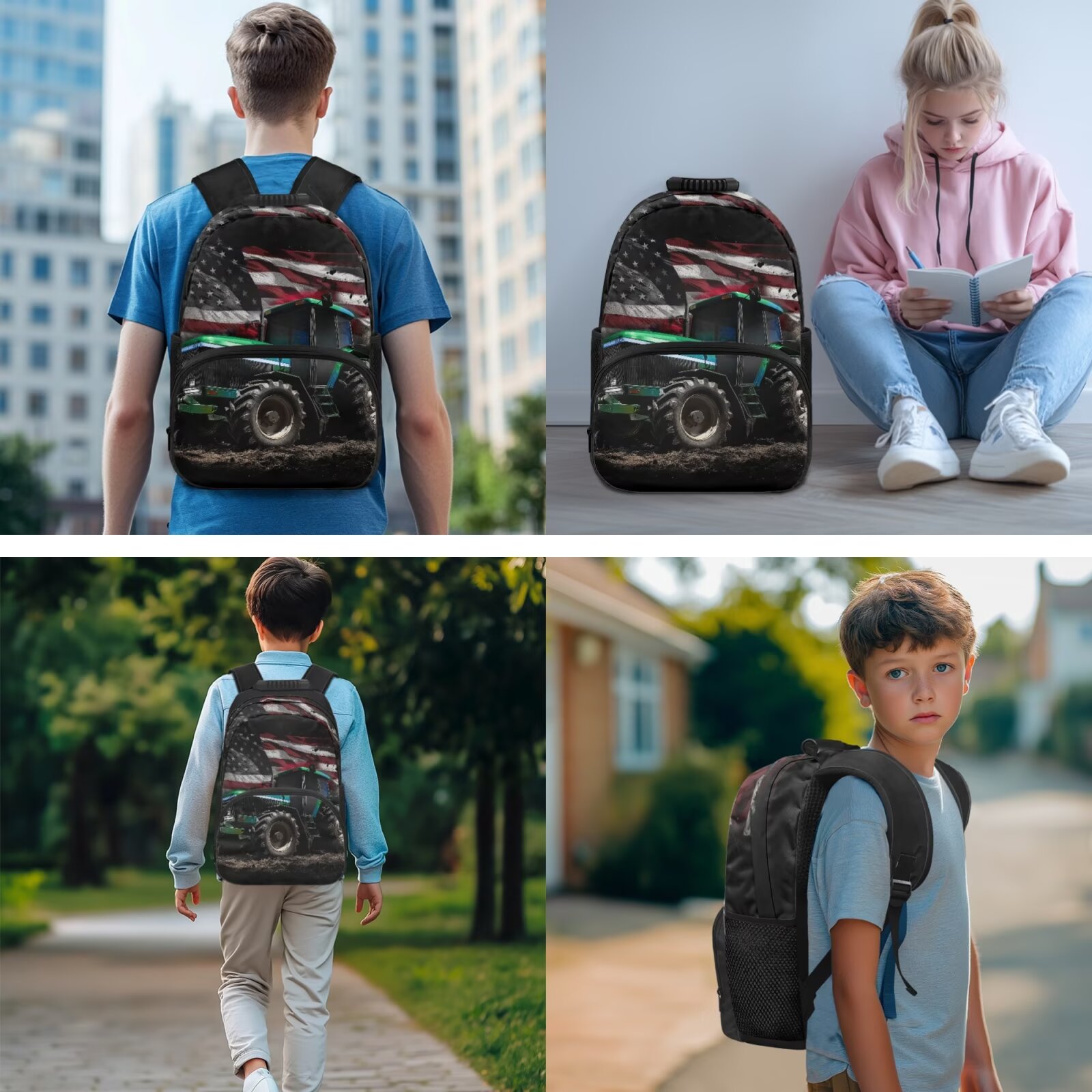 Set de mochila y lonchera para niñas, 4 piezas, para primaria, de 6 a 8 años, resistente al agua, gran capacidad, con correas acolchadas, estampado de tractor con bandera americana 2
