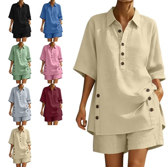 MLCDZ 2 Piece Cotton Linen Sets for Women Beach Travel Summer Vacation Casual Lounge Set Collar Short Sleeves T-shirts and Loose Shorts with Pocket Suit