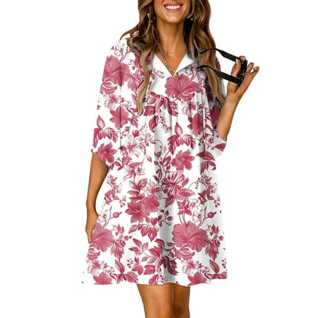 Floral Mini Dress Womens Summer Trendy Half Sleeve Lace-up Keyhole Neck Loose Babydoll FLowy Short Dress (XXL  Red)
