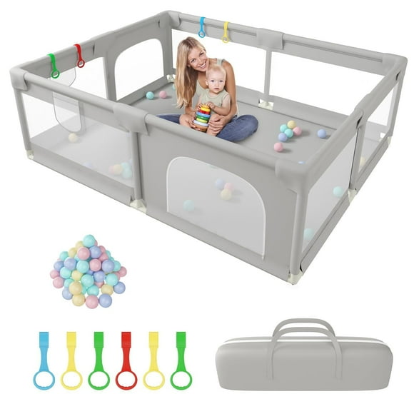 Corral para Bebe,Corralito para Bebe Extra Grande de 200x160 cm, Corral Bebe con Malla Transpirable, Interior y Exterior Parque de Juegos Bebe Incluye 50 Bolas de Océano, 4 Anillas-Gris claro
