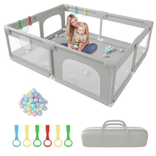 Corral para Bebe,Corralito para Bebe Extra Grande de 200x160 cm, Corral Bebe con Malla Transpirable, Interior y Exterior Parque de Juegos Bebe Incluye 50 Bolas de Océano, 4 Anillas-Gris claro