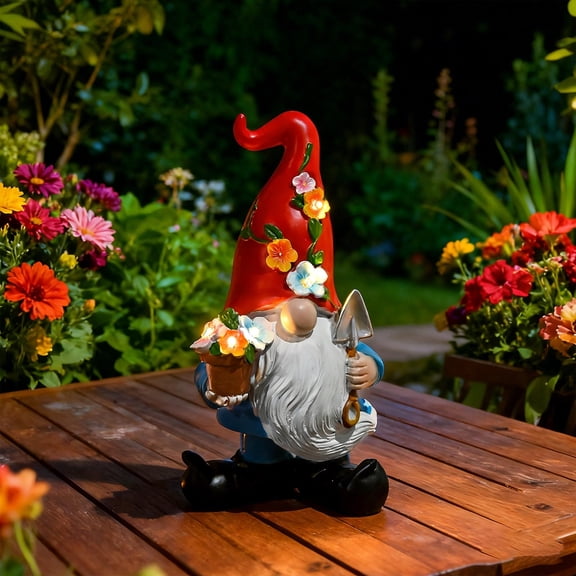 Solar-Powered Red Hat Gnome Garden Statue, LED Light-Up Flower Gnome with Shovel, Outdoor Decor for Patio Yard Lawn, Weather-Resistant Night Light