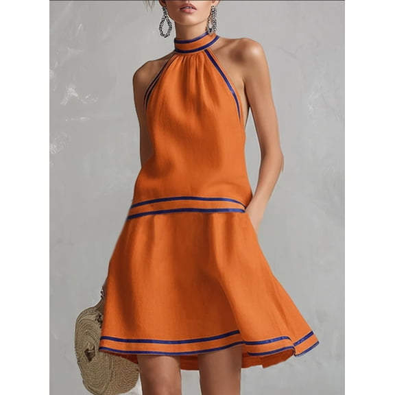 2026 New Women's Black Halter Neck A-Line Mini Dress with White Trim, Sleeveless Casual Summer Swing Dress