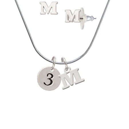 Disc 1/2 Number – 3 – – M Initial Charm Necklace and Stud Earrings Jewelry Set