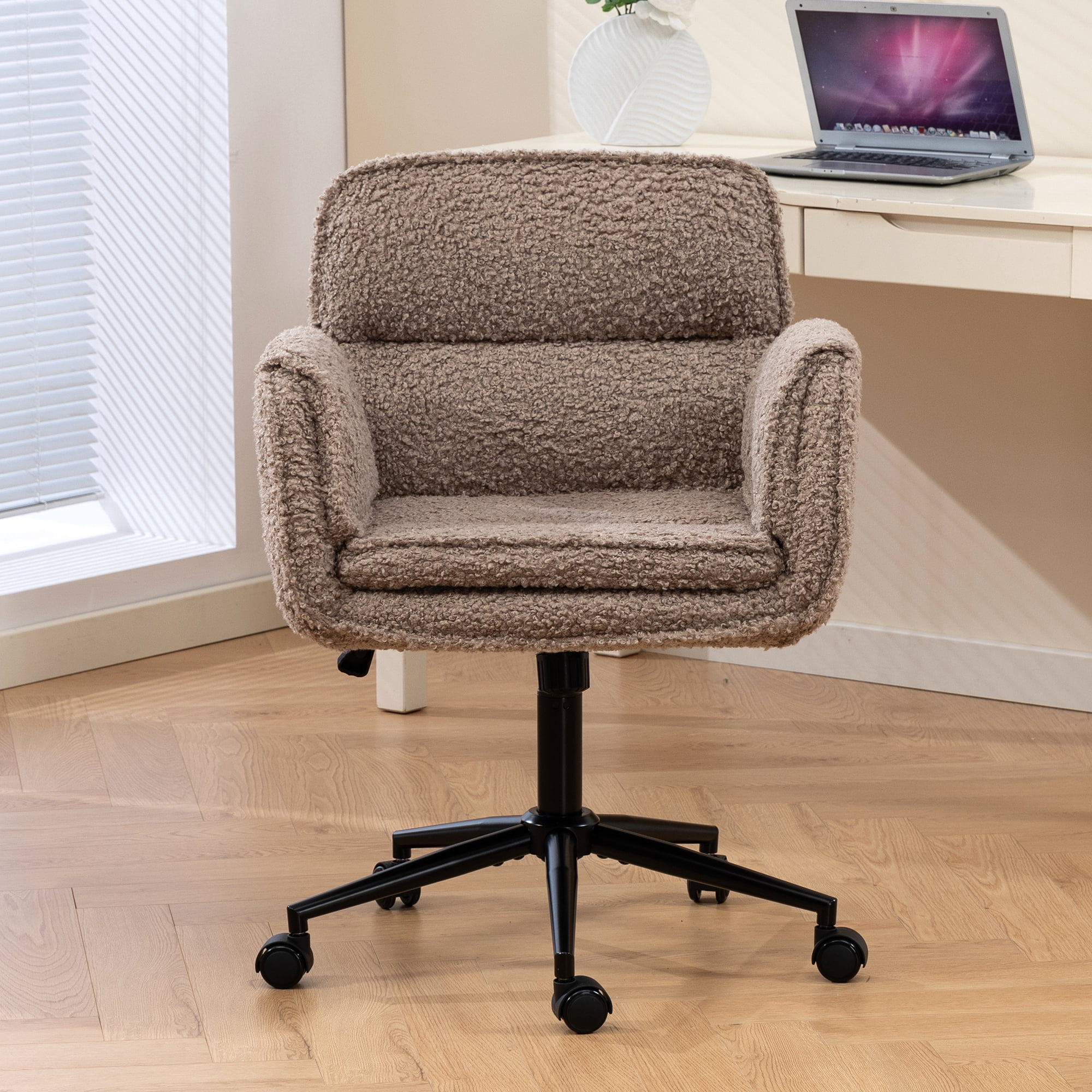 Jopath Criss Cross Chair with 5-Gear Adjustable Armrests and Wheels, Ergonomic Thickened Backrest Swivel Desk Chair for Home Office Vanity Bedroom and Living Room Brown Teddy Fleece
