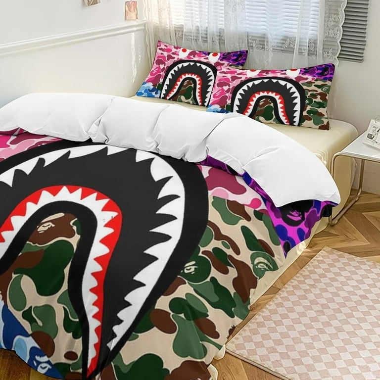 Bape Camo Shark 3-Piece Bedding Set 90 inchx90 inch Duvet Cover & 2 Pillow Shams Set Soft Bed Sheets, Size: 90 x 90, Black