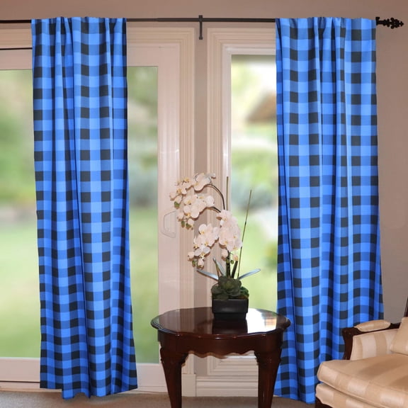 Poplin Buffalo Checkered Window Curtain 56 Inch Wide Black and Blue