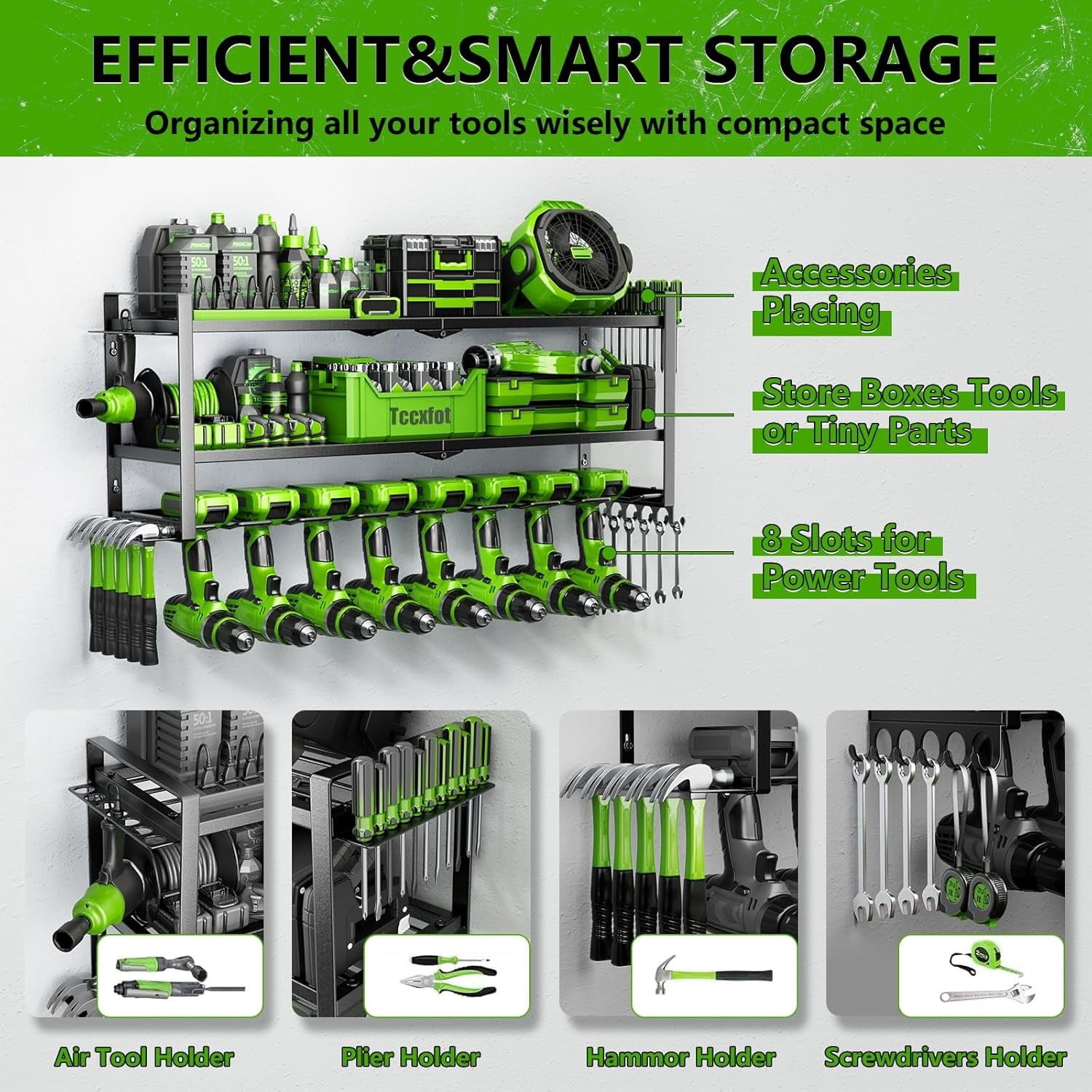 3 Layer Wall Mount Tool Organizer with 8 Drill Slots, Heavy Duty Garage Storage Rack for Tools, Gifts for Men