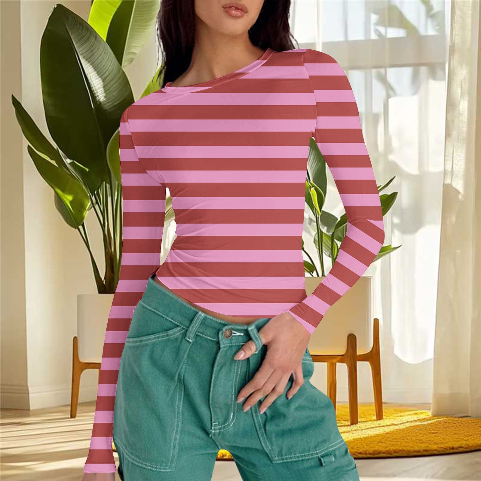YUGYXL Women Y2K Striped Crop T Shirts Long Sleeve Slim Fit Knit