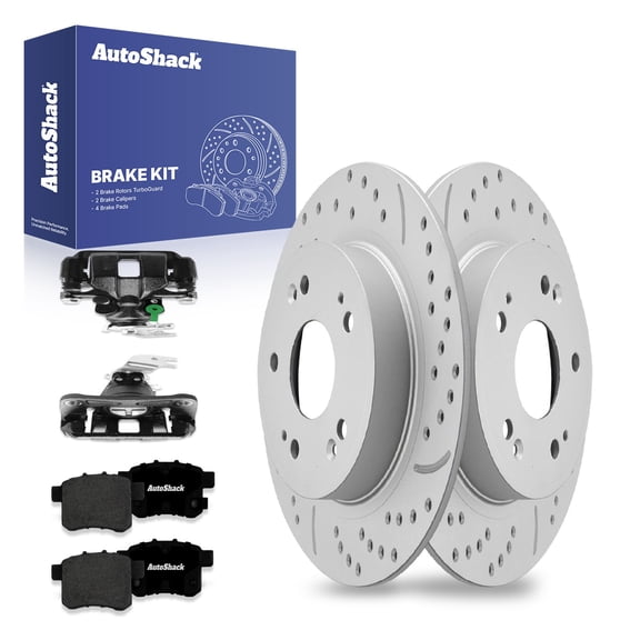 AutoShack Rear Drilled & Slotted Brake Rotors Premium Ceramic Brake Pads Calipers Black | Replacement for 2008-2012 Honda Accord 2009-2014 Acura TSX | Silver Coated | 8-PC Brake Kit | TurboGuard