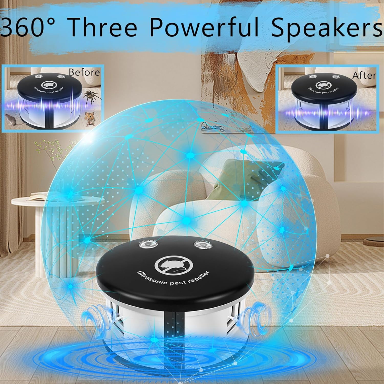 Mouse Repelent Ultrasonic Rodent Repeler Plug in Indoor, 360° Ultrasonic Rodent Repelent,3 Mode Switch with Pressure Wave, Squirrel Repelent Mice Deterrent for House Garage Warehouse RV