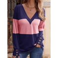 thumbnail image 2 of Women Blouses Dressy Casual Color Block Long Sleeve Shirts V Neck Tops Fall Outfits Blue S, 2 of 8