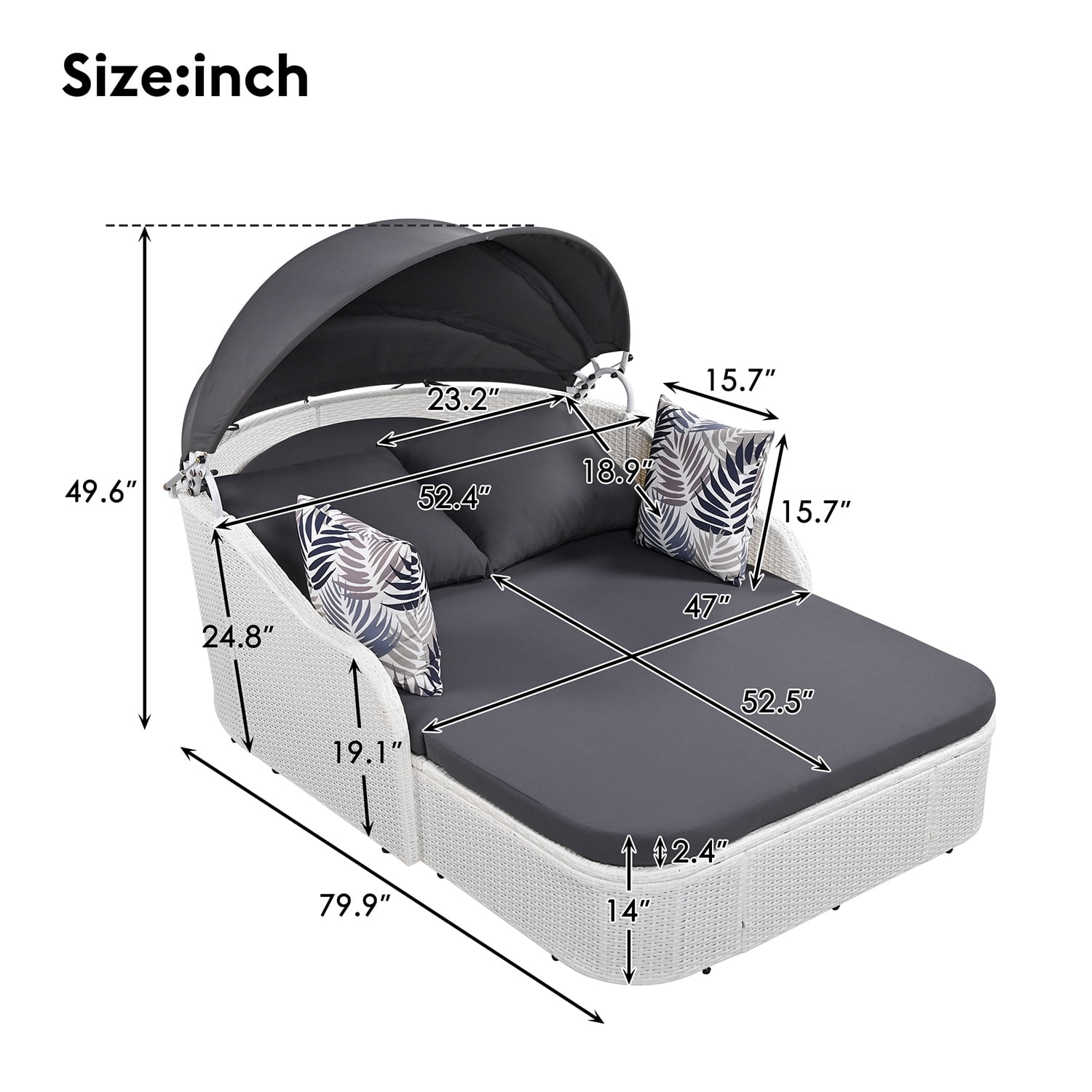 Kadyn 79.9" Outdoor Sunbed, PE Rattan Daybed with Adjustable Canopy, Double Lounge for Patio, White+gray Kadyn 79.9" Outdoor Sunbed, PE Rattan Daybed with Adjustable Canopy, Double Lounge for Patio, White+gray