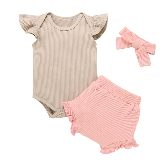 Boys Girls Two Piece Outfits Newborn Baby Boys Girls Fly Sleeve Romper Shorts Headbands Outfits Set Summer Outfits for Girls Boys