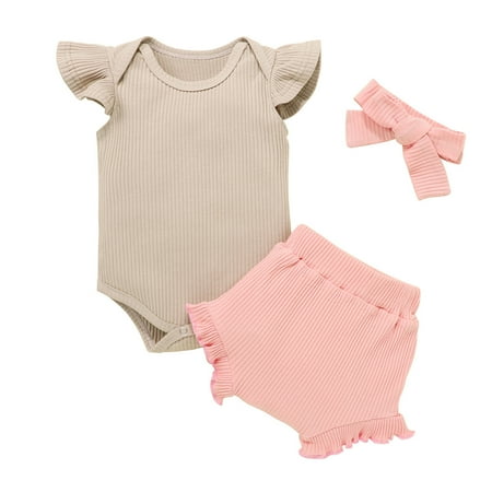 

Newborn Baby Boys Girls Summer Fly Sleeve Solid Romper+Shorts+Headbands Outfits Set Fashion Children s Suit