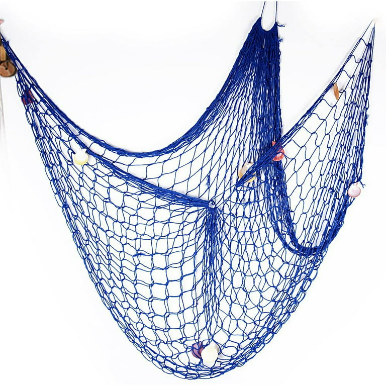 Decorative Fishnet Nautical Fishing Net Wall Hanging Decor, Starfish,  Sailboat, Lighthouse, Life Ring, Rudder, with Transparent Hook for Mermaid  Mediterranean Party,Blue1.5*2m 