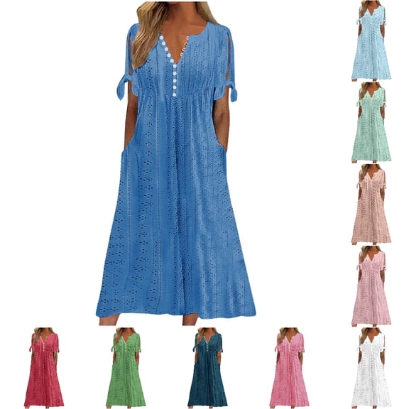 Babcutegg Womens Dresses Short Sleeve A Line Soild Color Casual Fashion V Neck Summer Clothes for Women Blue Size 3XL
