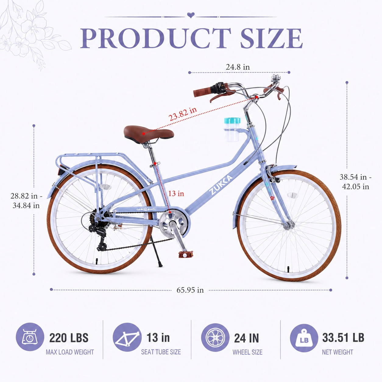 Aukfa 24 Inch Women's Cruiser Bike, 6-Speed Step-Through Commuter Bicycle with Cup Holder & Rear Rack,Blue