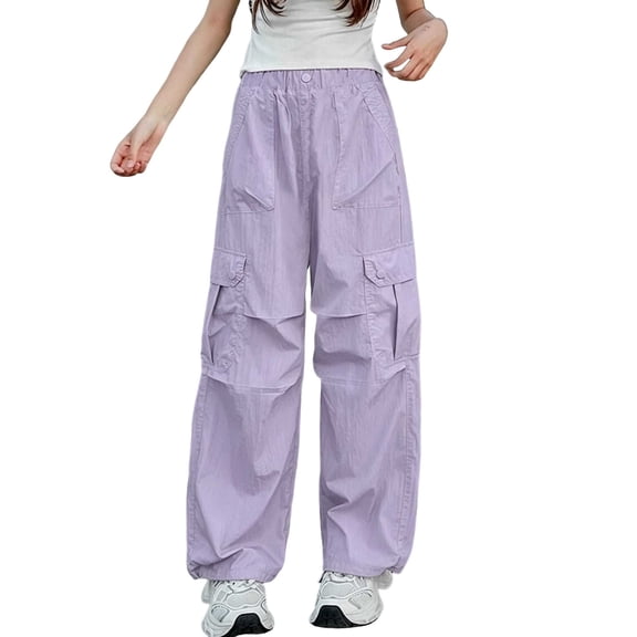 AherBiu Cargo Pants for Girls Kids Teens Elastic High Waisted Straight Wide Leg Baggy Loose Hiking Pants with Multi Pockets(14-15Years,Purple-01)