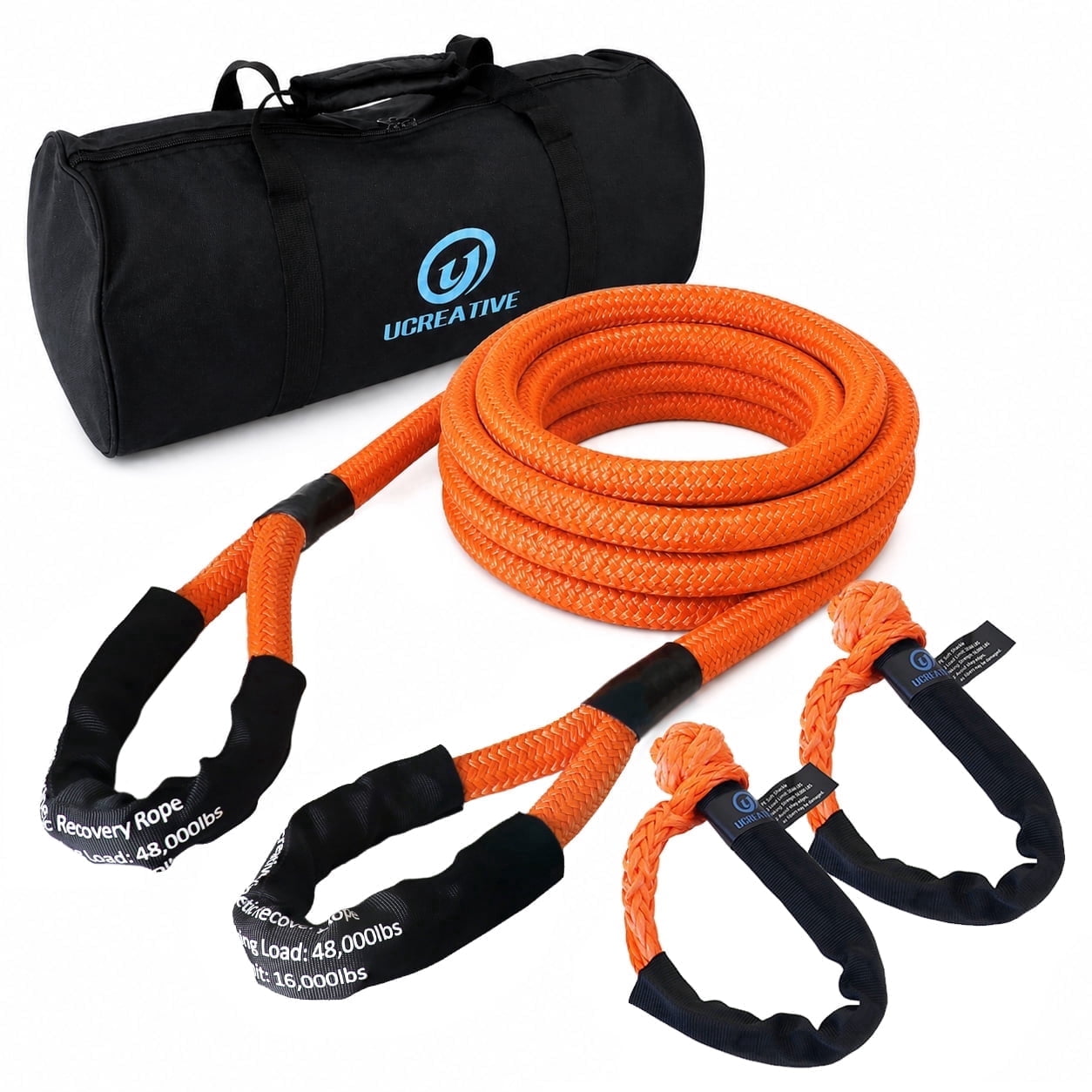 Ucreative 1 x 30 Kinetic Recovery Rope Kit Max 48 000 lbs Breaking Strength with 2PCS Synthetic Soft Shackles Orange