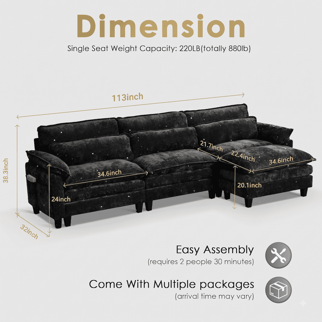 113" Convertible Cloud Sectional Sofa, Modern Chenille L Shaped Couch with Reversible Chaise, Deep Seat 4 Seat Sectional Sofa with Pillows, Comfy Upholstered Couch for Living Room Apartment (Black)