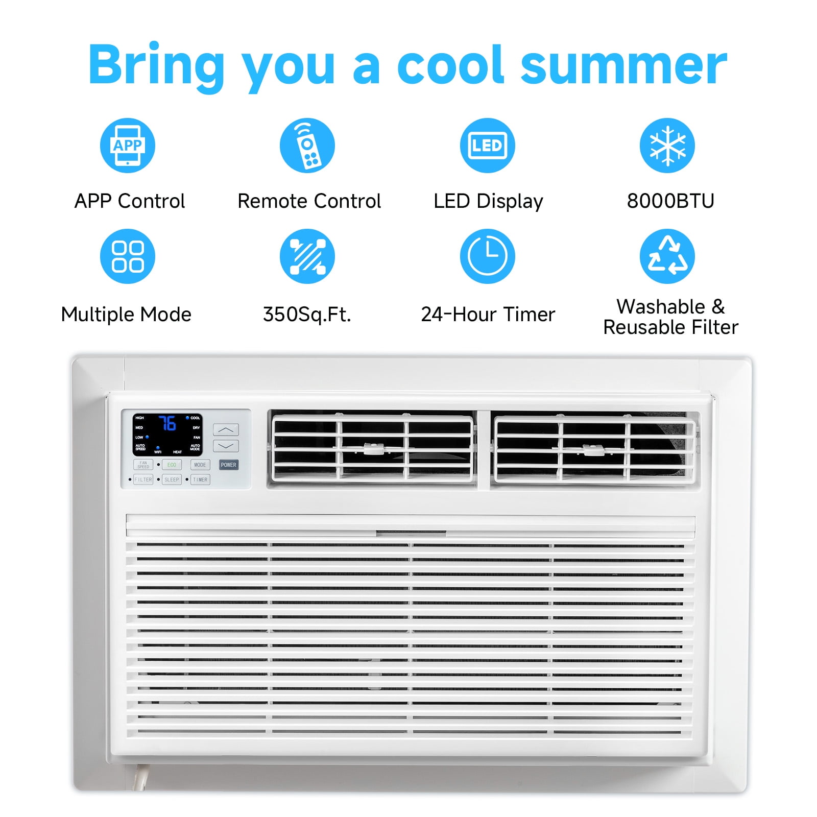 Ktaxon 8000 BTU Through the Wall Air Conditioner with Remote & App Control, Energy Saving Wall AC Unit with Timer for Bedroom, Living Room, Apartment, Dorm up to 350 Square Feet, 115V/60Hz