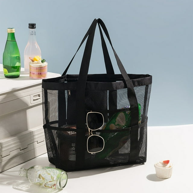 COM1950s Mesh Beach Bag with Visual Partition,Large Capacity Travel Storage Handbag Featuring Drainable Water Bottom for Outdoor and Beach Activities,Size 17.7 X 13.4 X 5.9 Inches