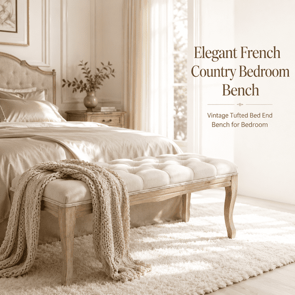 Linen Upholstered Bedroom Bench, French Vintage Tufted Bench, 43.3"