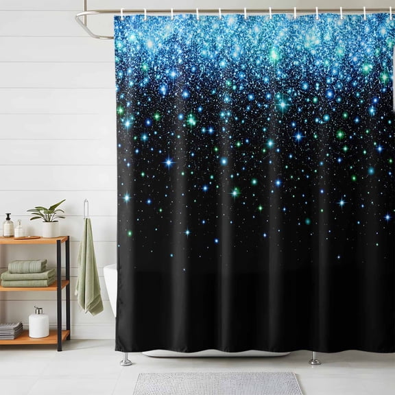 Blue Sparkles Shower Curtains for Bathroom, Black Gradient Glitter Modern Simple Waterproof Fabric Shower Curtain, Decorative Bathroom Curtain for Bathtub, 72"x84", No Hooks Included
