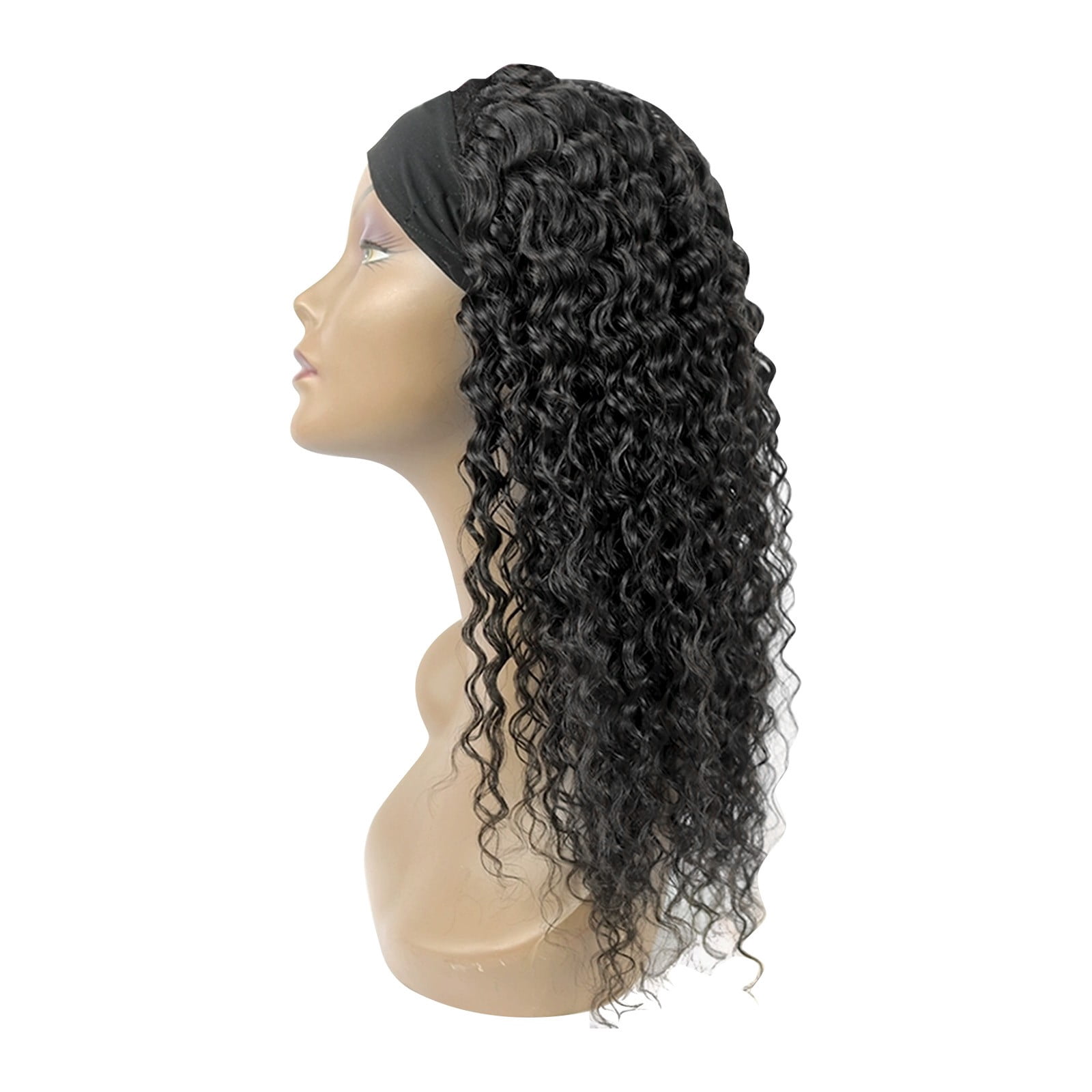 Headband Wig Human Hair Water Wave, Glueless Curly Human Hair Wig with Pre Attached Scarf, Wear and Go Wigs for Black Women(BK2,One Size)