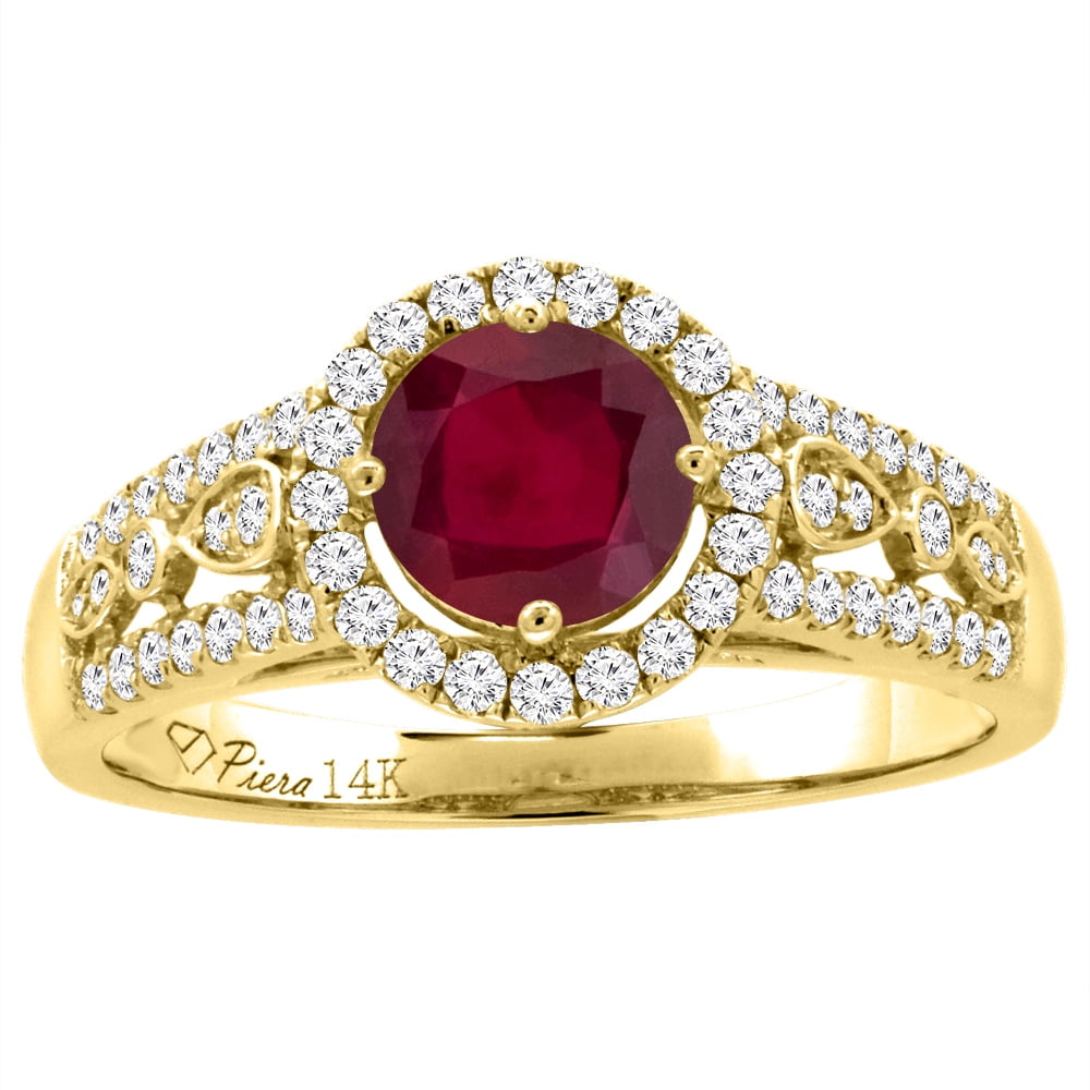 14K Yellow Gold Diamond Enhanced Genuine Ruby Engagement Halo Ring Round 7 mm, size 5 by Gabriella Gold