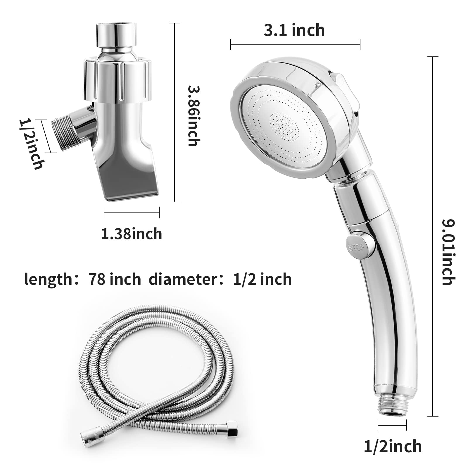 High Pressure Shower Head, 3-Settings Handheld Showerhead with ON/Off Full Shutoff Push Button and Switch to Control Flow, Angle-Adjustable Water Saving Body Sprays