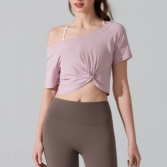 Ounisa Women Workout Crop Tops Short Sleeve Twist Front Yoga Shirts Athletic Gym T-Shirts Performance Running Activewear Tees