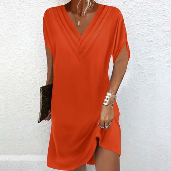 Mifsaly Summer Dresses with Sleeves V-Neck Short Sleeve Shift Dress Business Casual Mini Dress S
