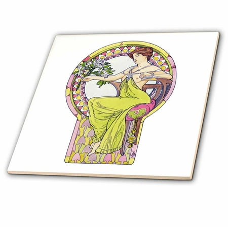 - 3dRose Art Nouveau Mucha Style Watercolor of Seated Woman with Lilies - Ceramic Tile, 4-inch