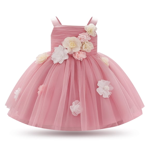 IDOPIP Toddler Girls Flower Birthday Dress Baby Princess Ruffle Tulle Tutu Cute Toddler Dresses Wedding Guest Pageant Outfit Sleeveless 3D Floral Flower Party Prom Gown 9-12 Months Dusty Pink