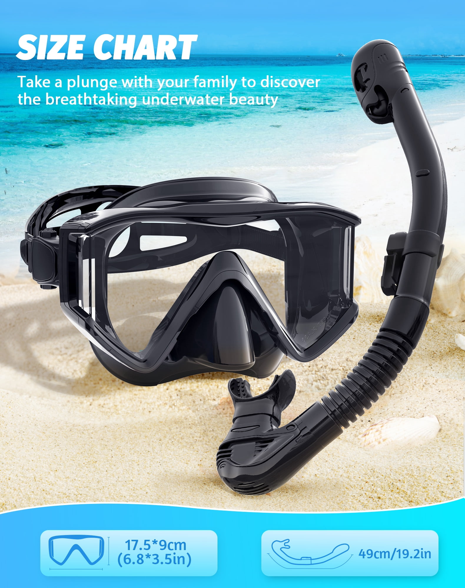 Greatever Snorkel Set Adults, 3 Window Panoramic View Snorkel Mask Anti-Fog, Leak-Proof Scuba Diving Mask with Mesh Bag, Dry Top Mask and Snorkel Set for Adult BLACK